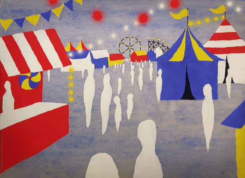 Strange drawing of ghostly people at a carnival at dusk.